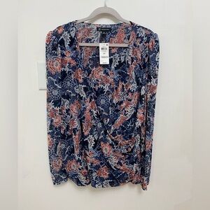 INC International Concepts Blue and Pink Wrap Blouse Long Sleeve